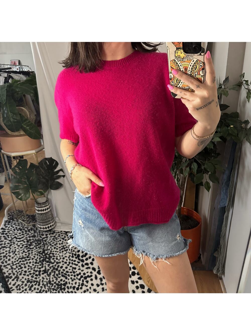 Sally LaPointe Boxy Cashmere Silk Short Sleeve Knit Sweater Top Pink XS/S